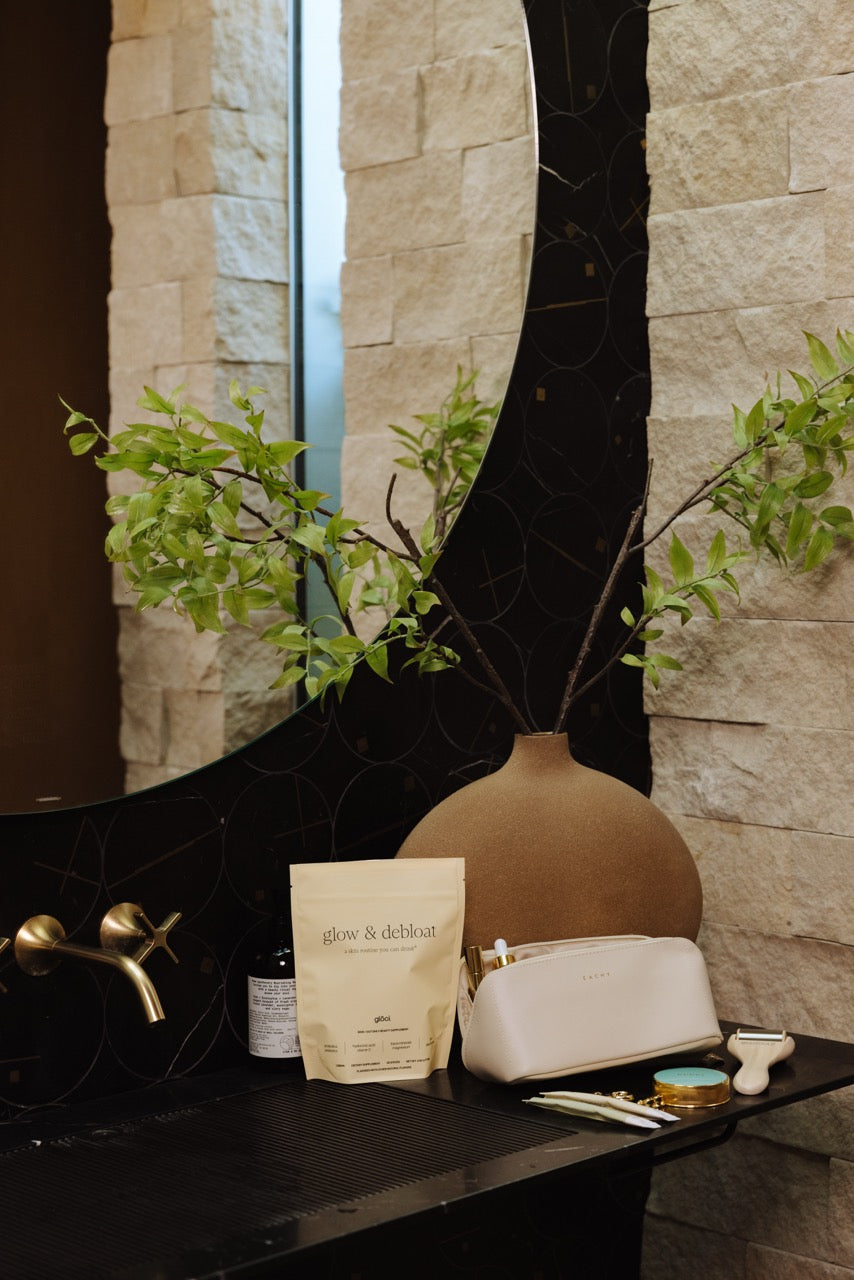 Cosmetic bag, plant, and bottles on a counter with a mirror and stone wall in the background